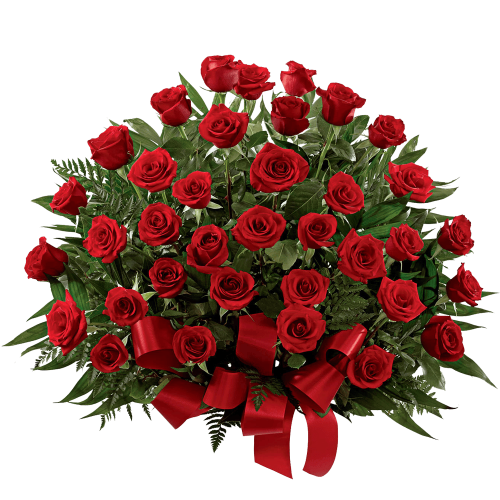 Корзина из 30 красных роз с лентой 1